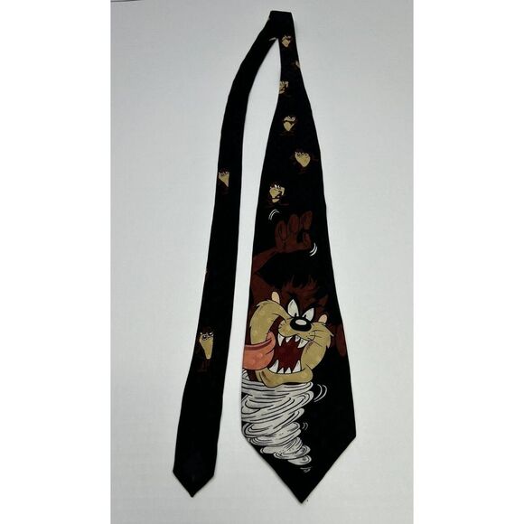 Looney Tunes Men’s Neck Tie Taz Tasmanian Devil Tornado + Tongue Out Silk Black - Picture 2 of 9